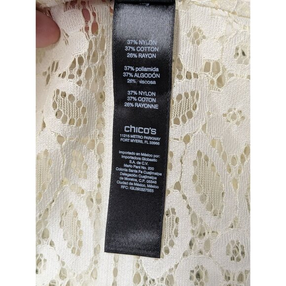 Chicos Sheer Lace Peplum Top Size M Zip Up Bell Sleeve Floral Feminine Romantic - Picture 10 of 11